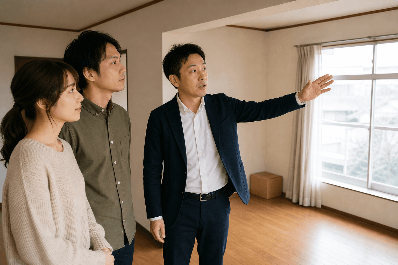 空き家の現地調査で、一級建築士がご夫婦にリノベーションの可能性を説明する様子