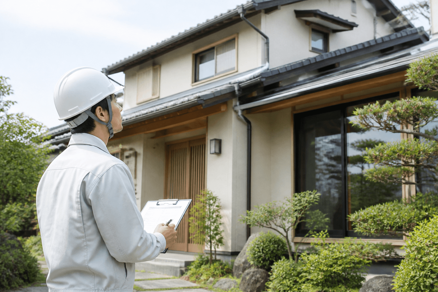 建築士が住宅外観の状態を確認している様子